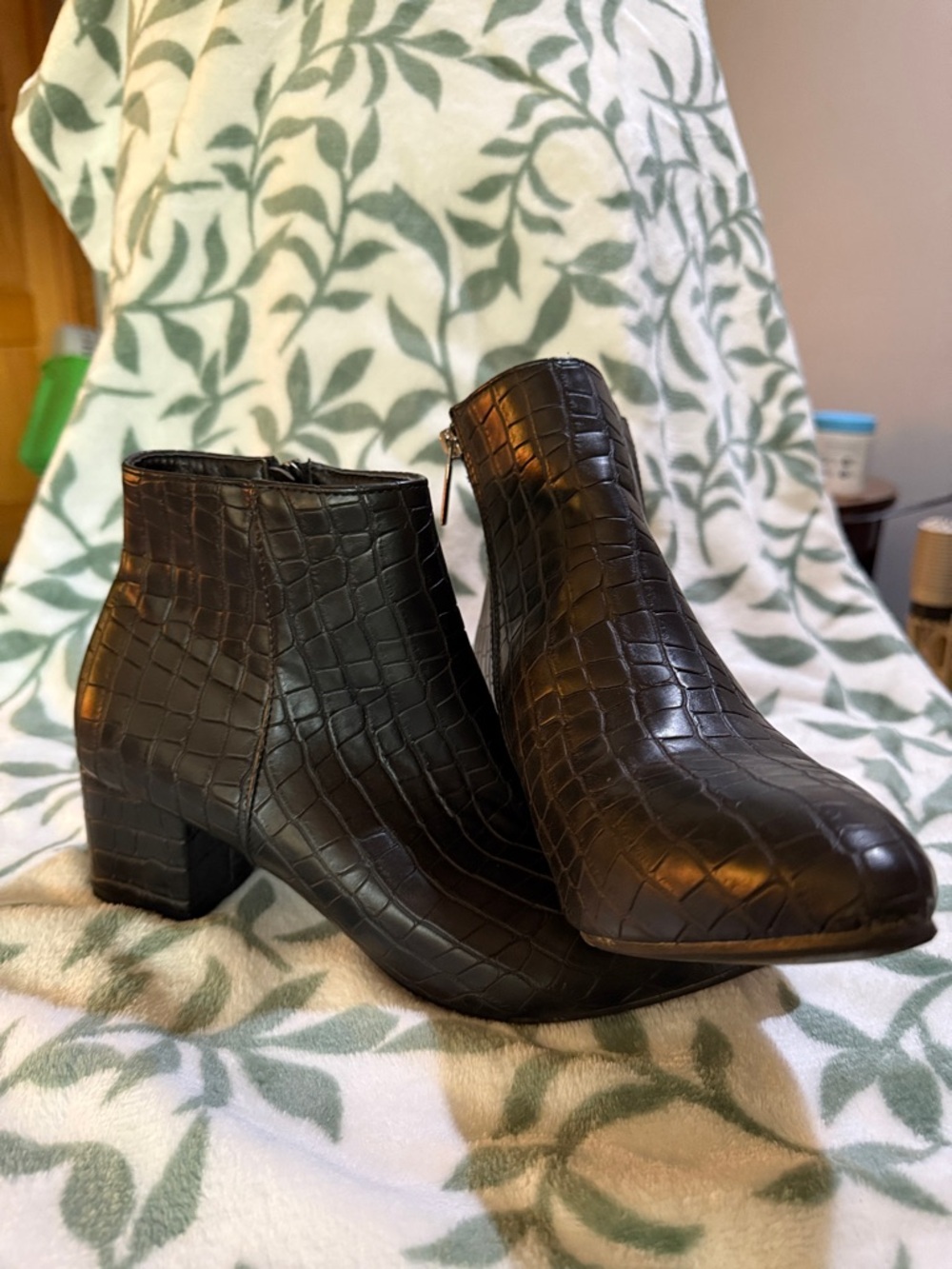 Croc-Embossed Black Ankle Booties with Low Block Heel